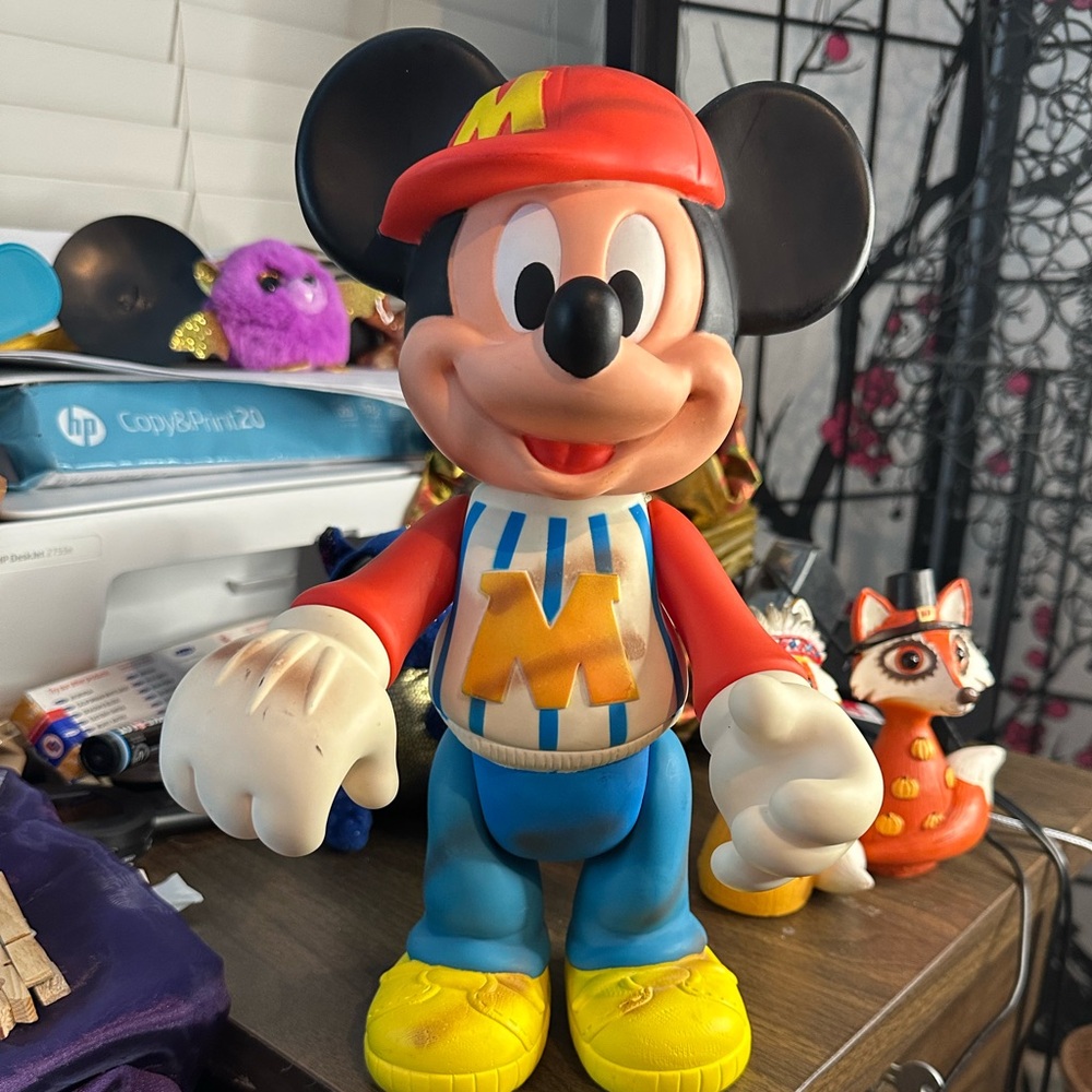 Vintage Mickey Mouse Figurine with Red Cap and Blue Overalls